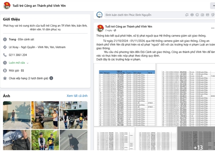 Thông tin vi phạm giao thông trên fanpage tuổi trẻ công an thành phố Vĩnh Yên